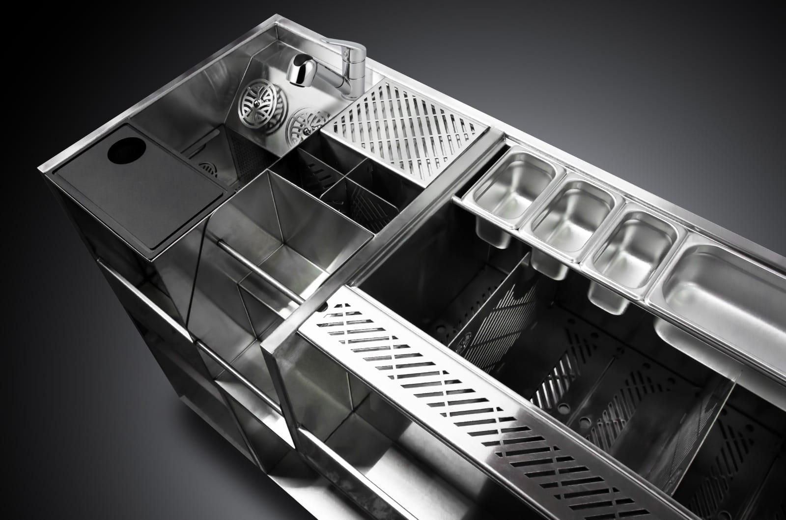 Commercial bar station overhead view showing rinse unit and garnish wells