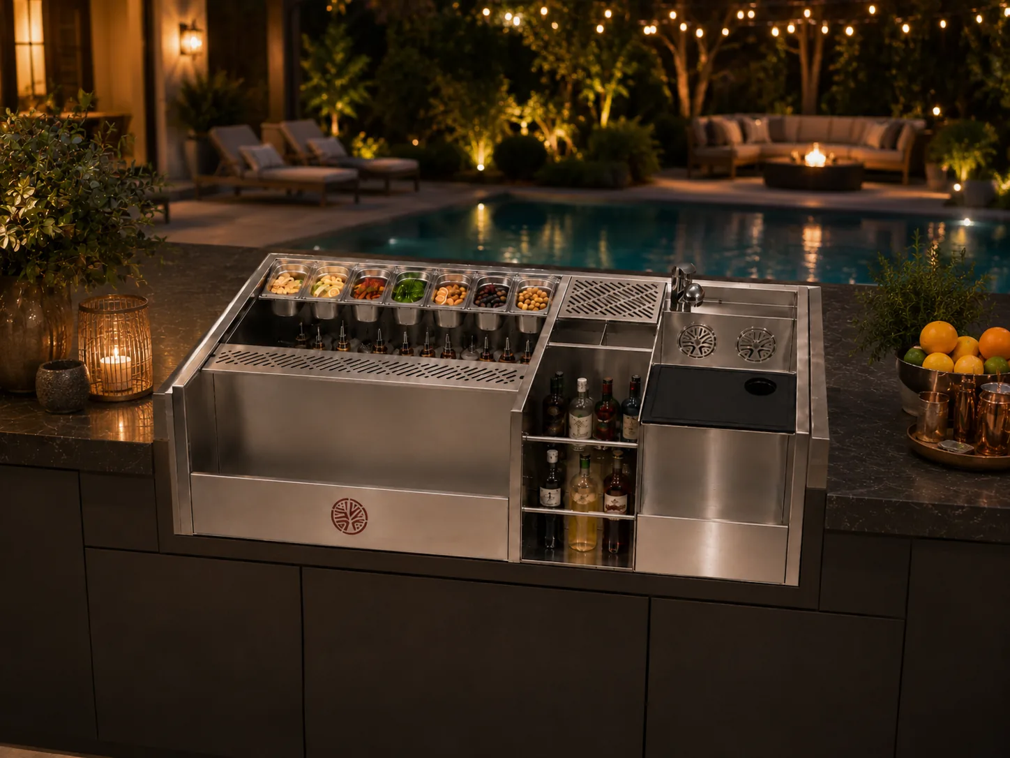 Outdoor portable bar on a pool deck at night with string lights