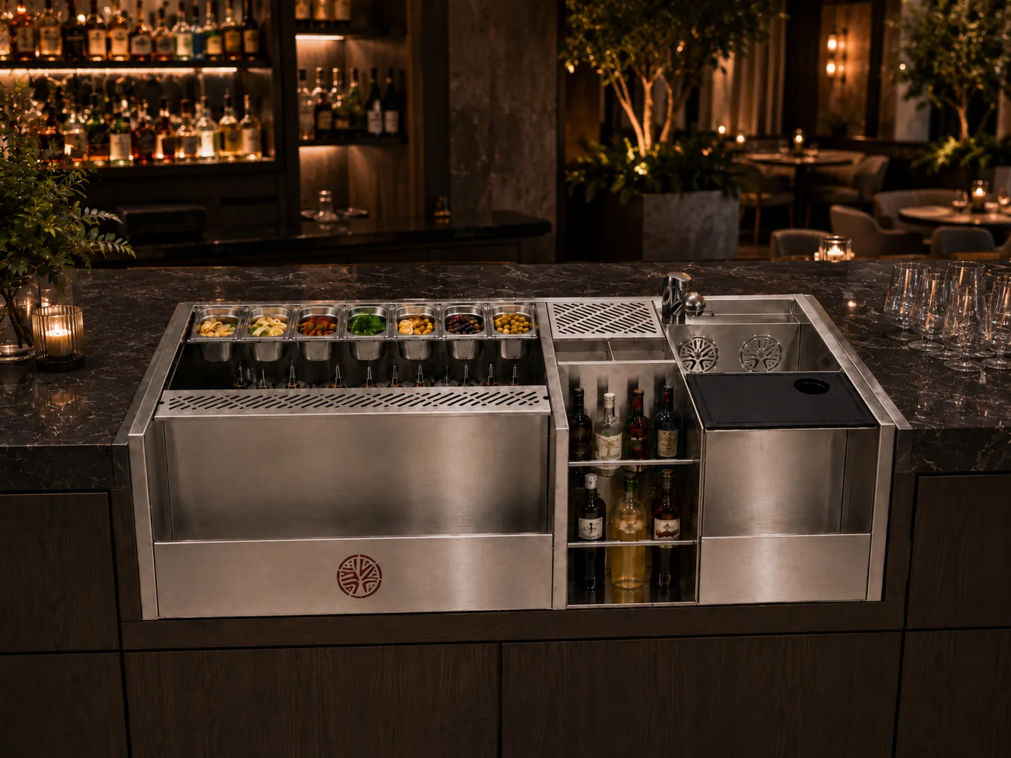 Commercial portable bar set up at an upscale event with stainless steel speed rail and ice well