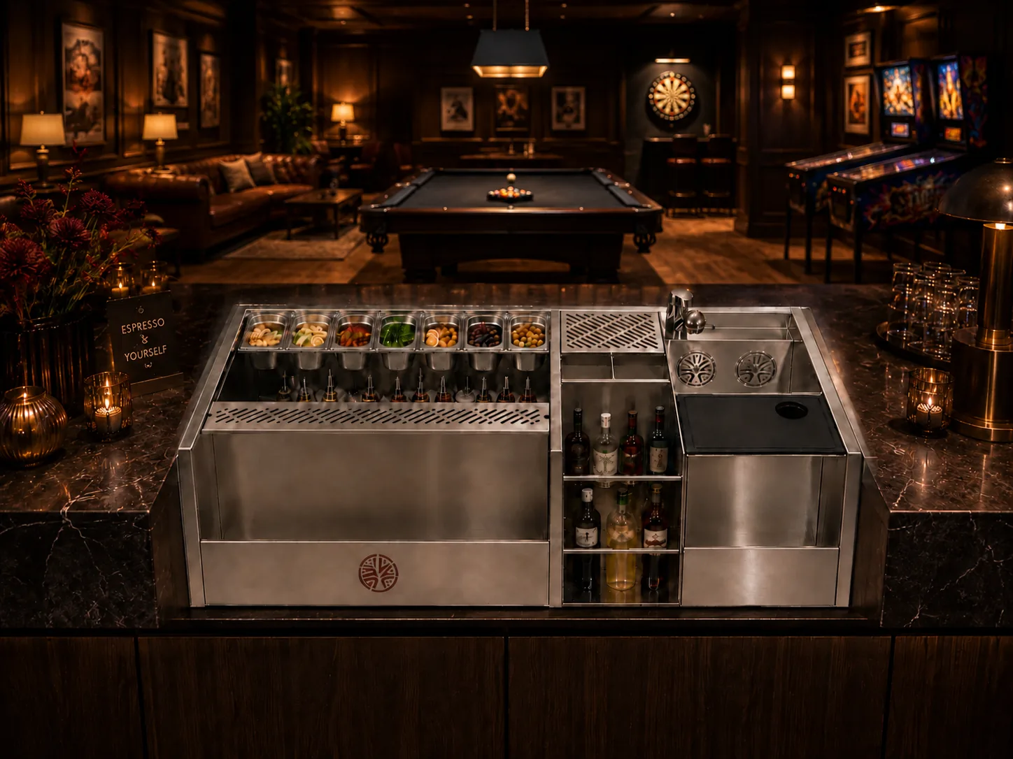 Man cave bar with a stainless steel Kobayashi station, pool table, and arcade
